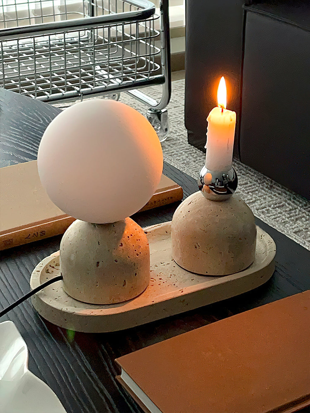 Ember Oak & Co. Aalia Marble Table Lamp — Natural Travertine Stone