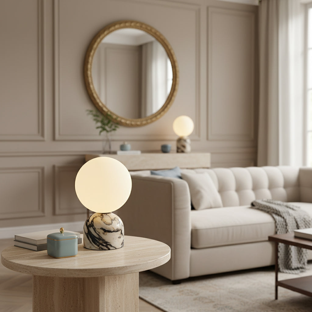 Ember Oak & Co. Aalia Marble Table Lamp — Natural Travertine Stone