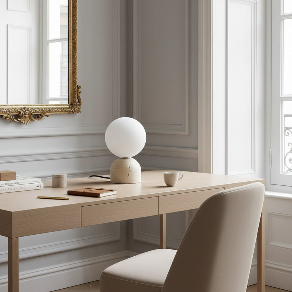 Ember Oak & Co. Aalia Marble Table Lamp — Natural Travertine Stone