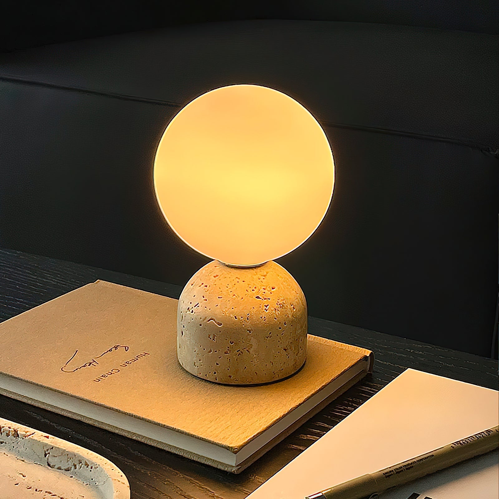 Ember Oak & Co. Aalia Marble Table Lamp — Natural Travertine Stone