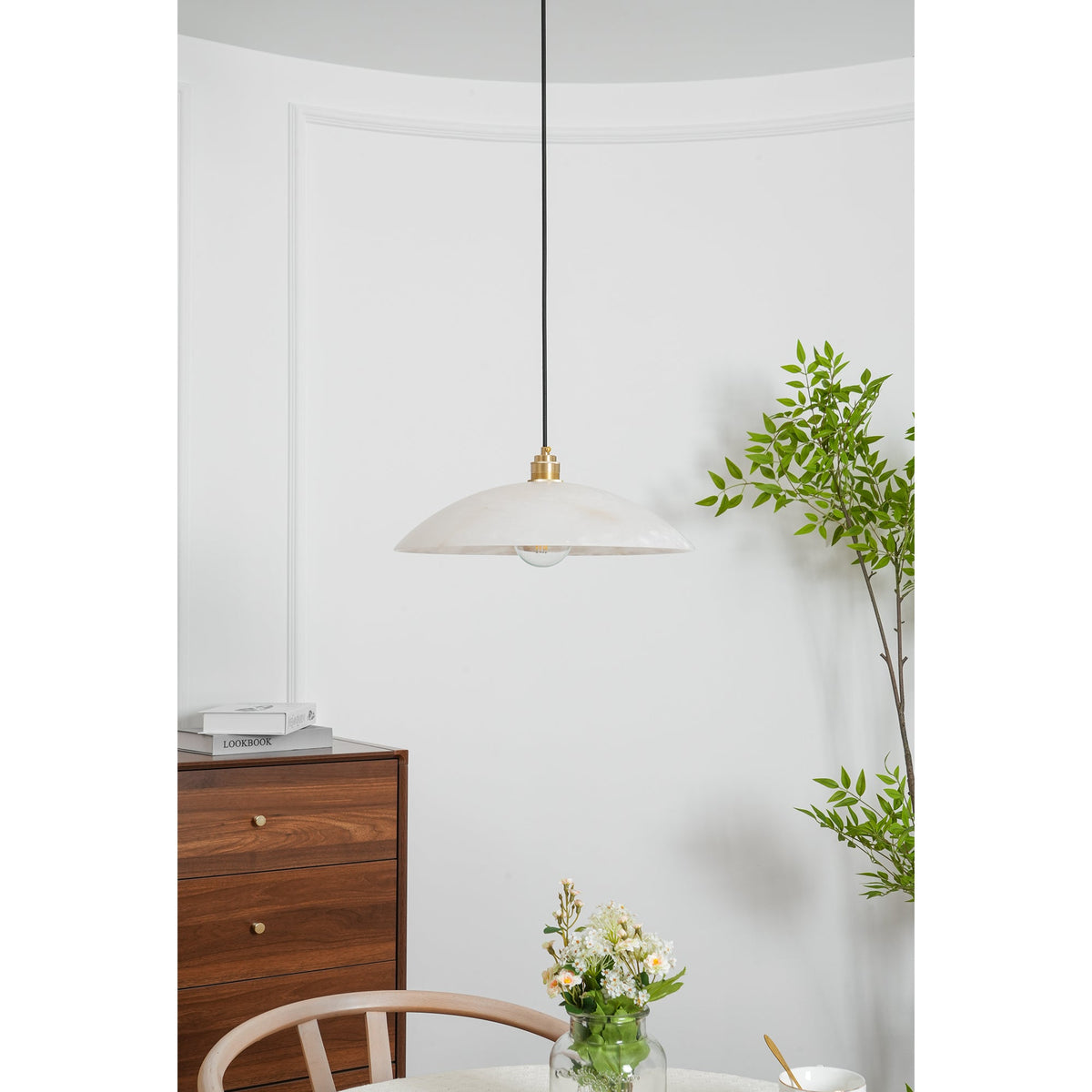 Ember Oak & Co. Alabaster Dome Brass Pendant Light