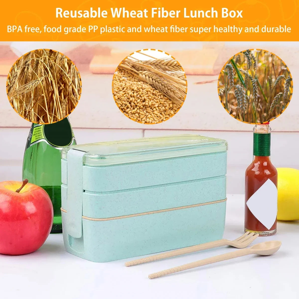 Ember Oak & Co. EcoStack 3-Tier Wheat Straw Bento Box