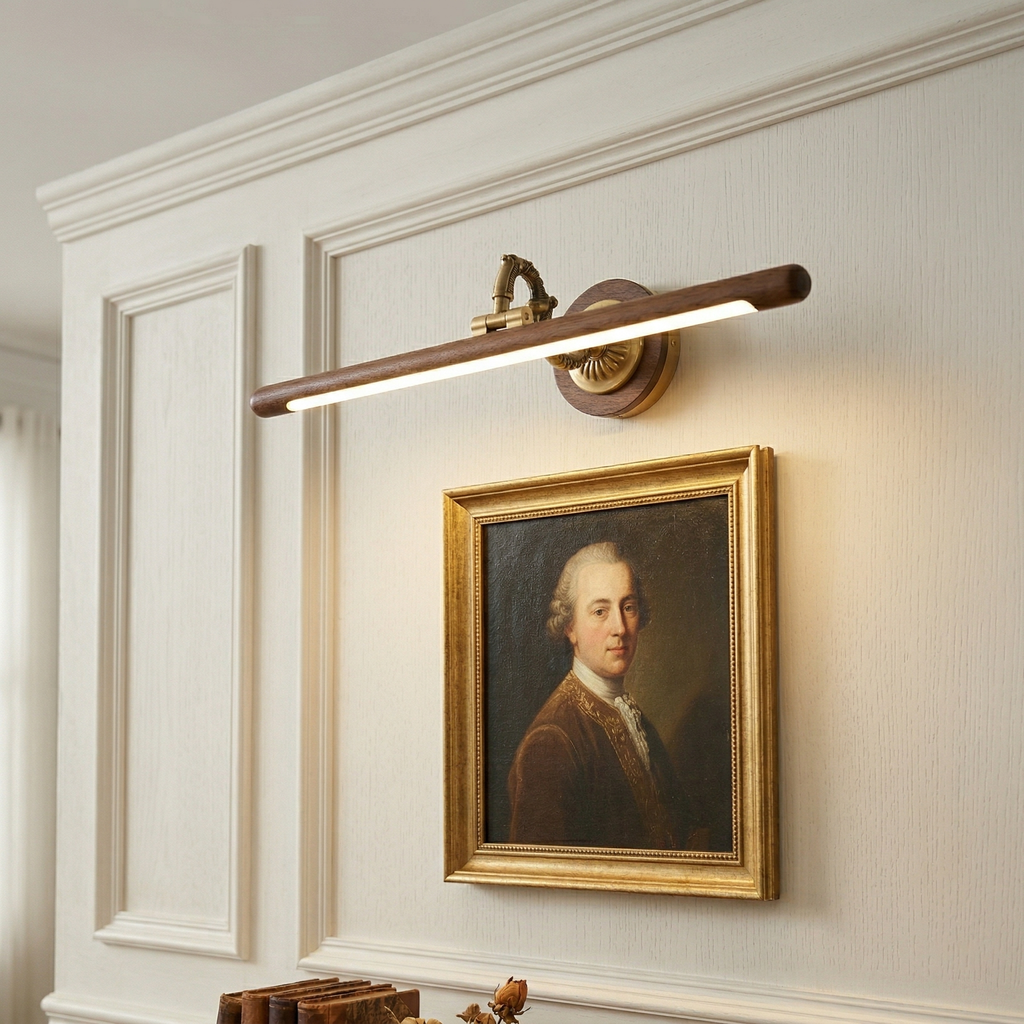 Ember Oak & Co. Adjustable Brass Walnut Picture Wall Lamp