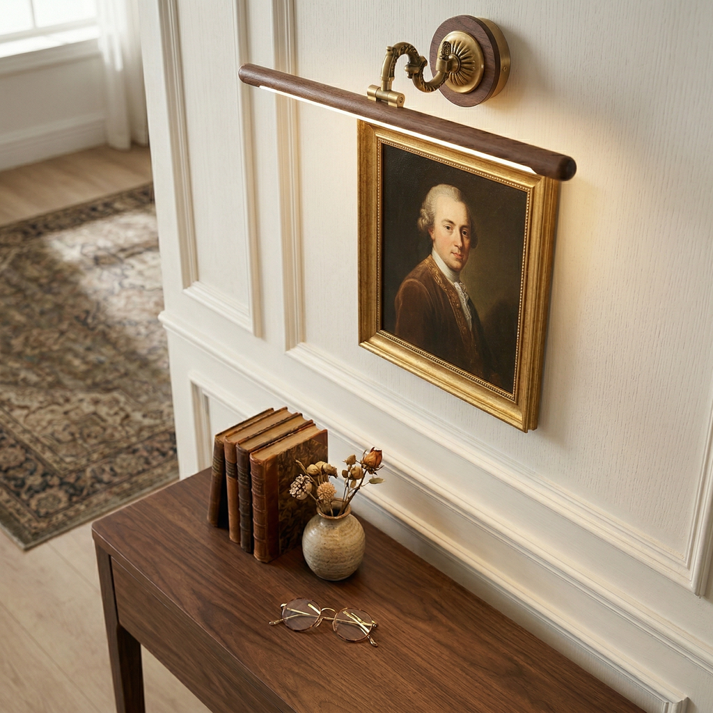 Ember Oak & Co. Adjustable Brass Walnut Picture Wall Lamp