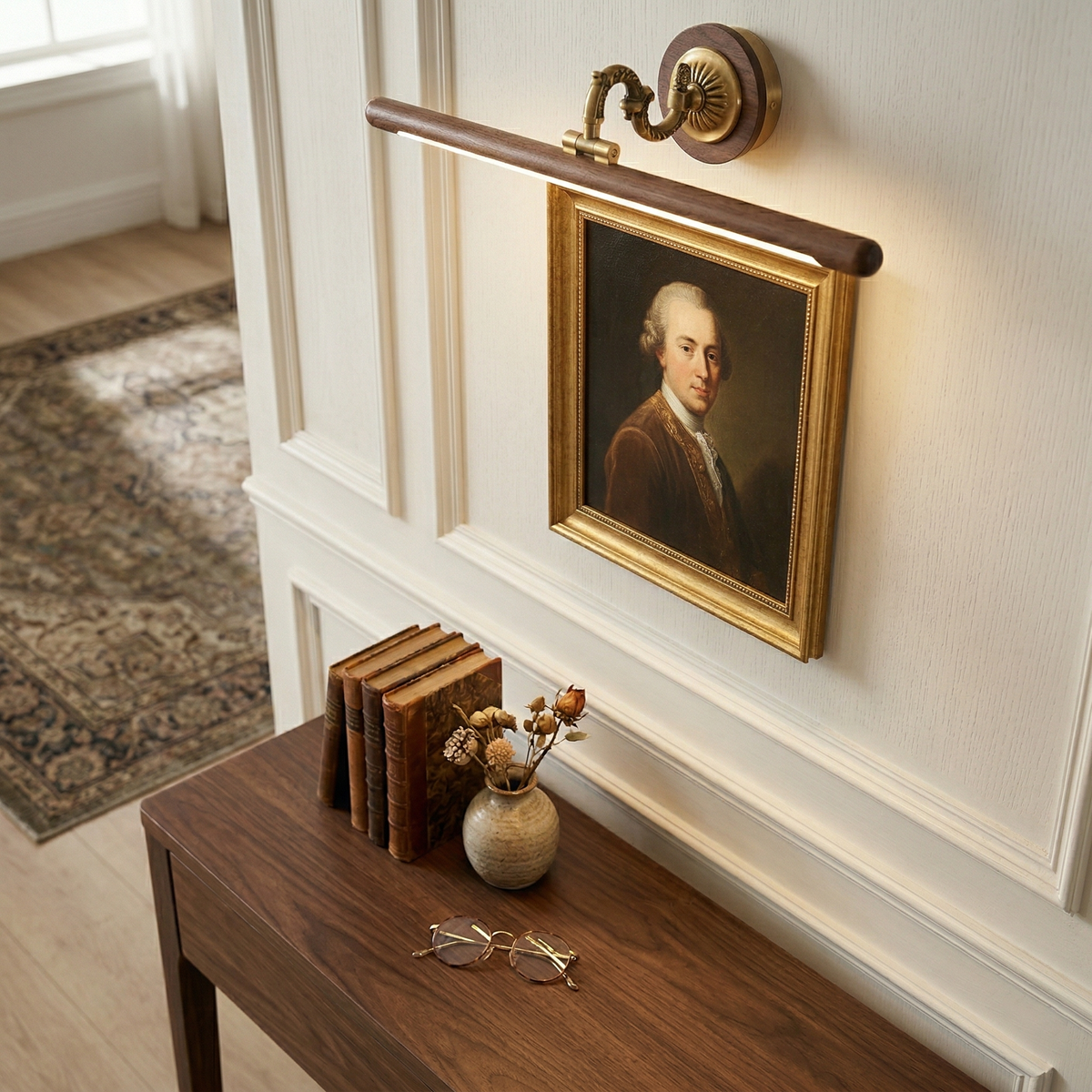 Ember Oak & Co. Adjustable Brass Walnut Picture Wall Lamp