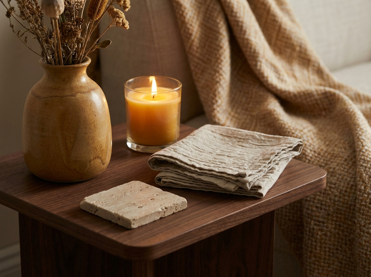 Close-up warm home interior vignette with candlelight and linen