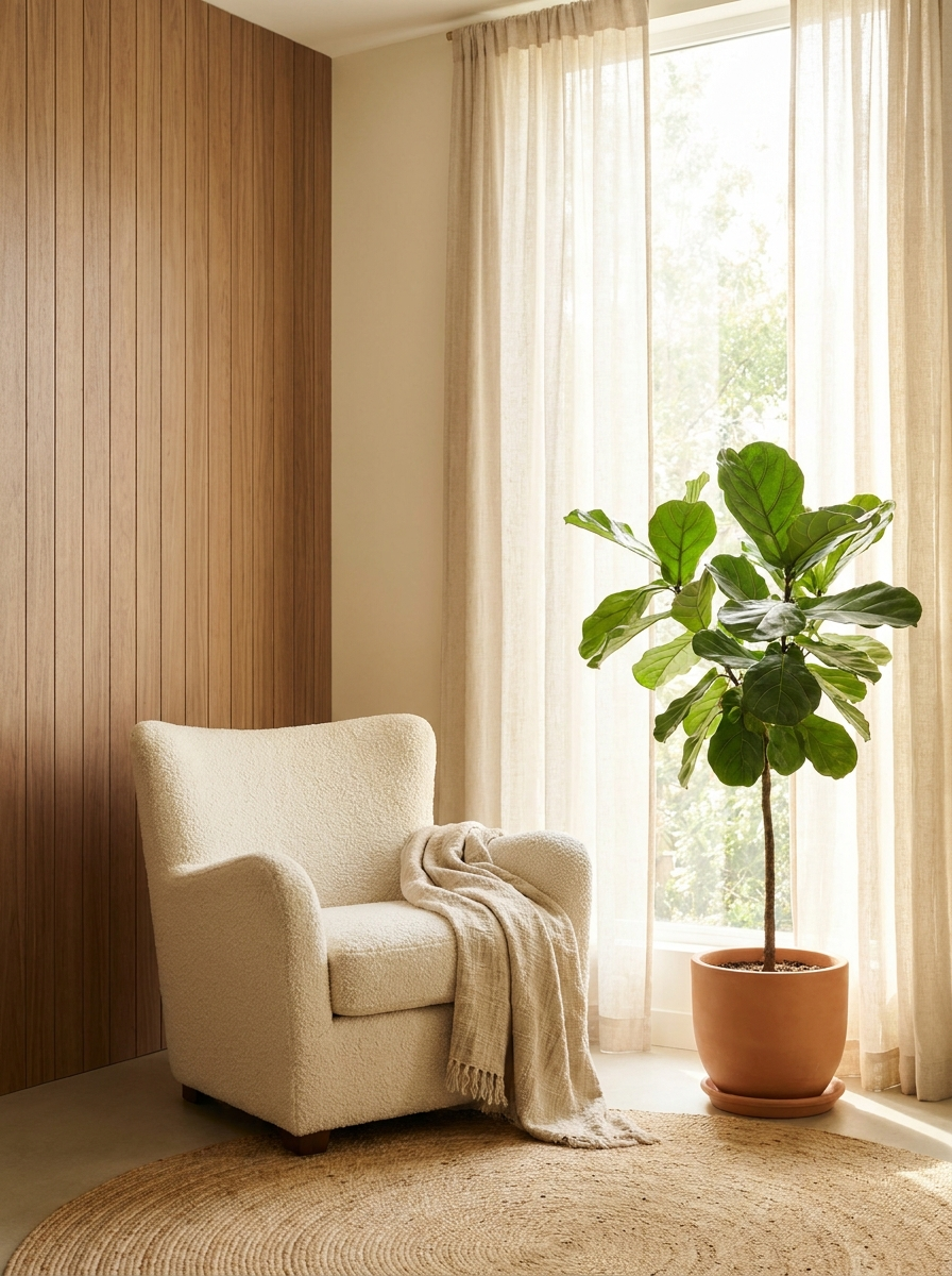 Bright airy mid-century modern living room with walnut paneling and daylight