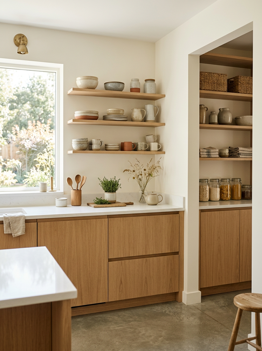 Bright sunlit minimalist kitchen with oak cabinetry