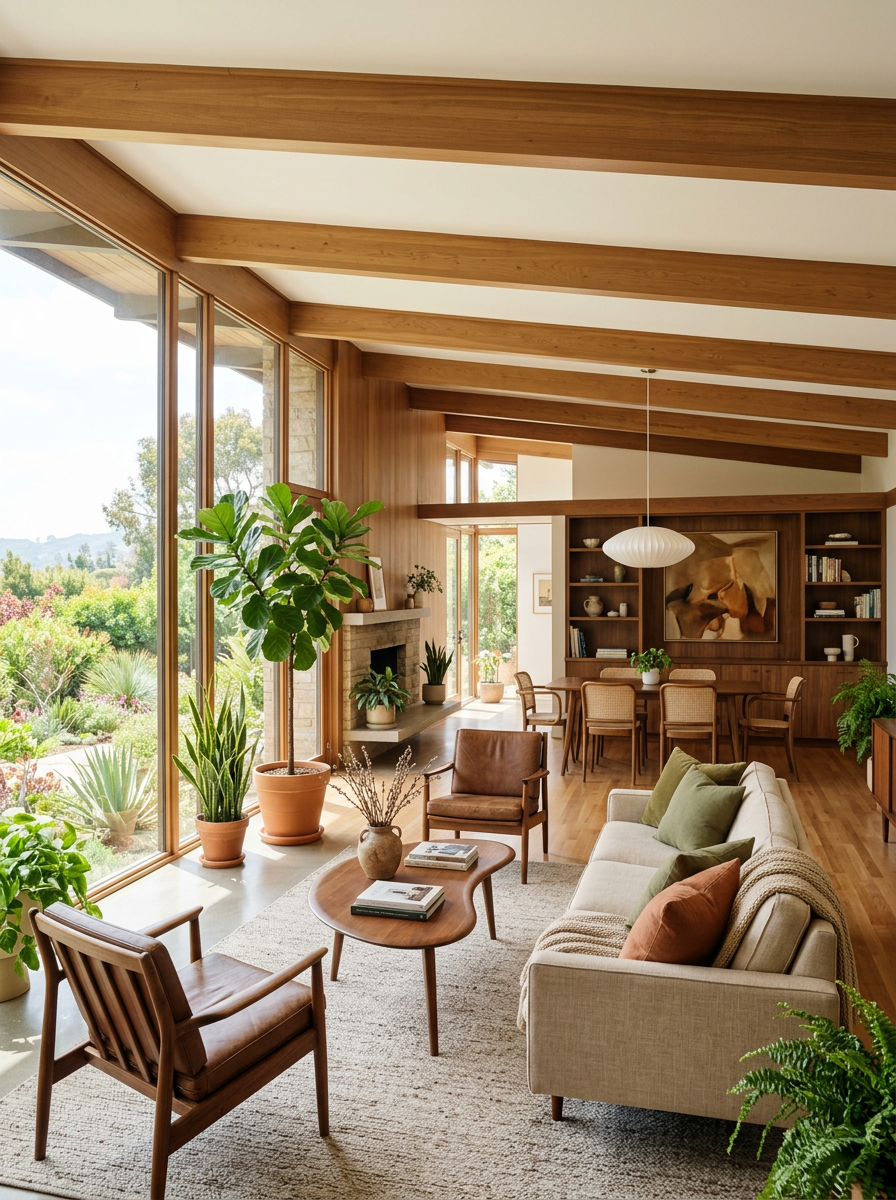 Bright wide sunlit mid-century modern interior with walnut beams