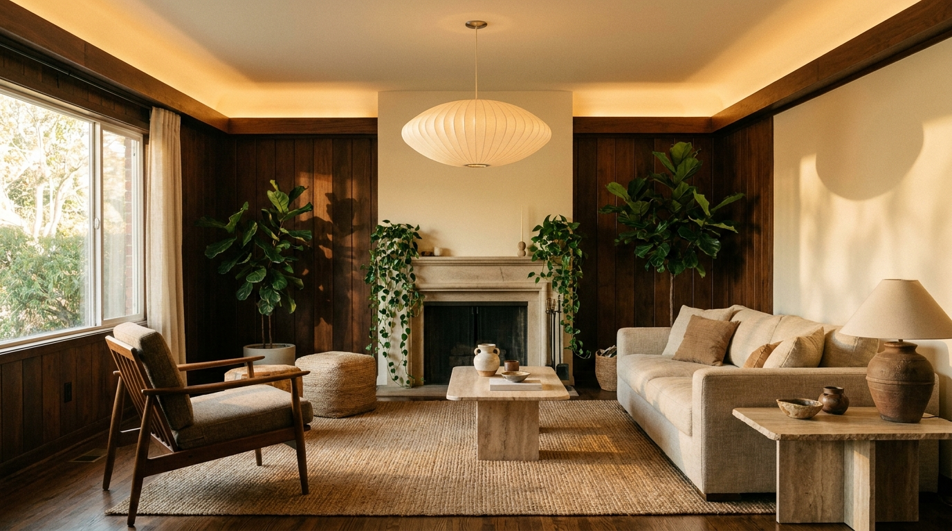 Warm, moody home interior with walnut wood tones and ambient lighting