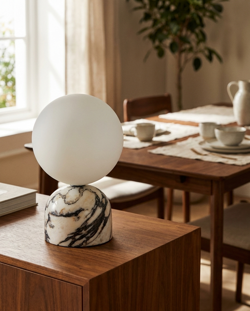 Aalia Marble Table Lamp — Natural Travertine Stone — lifestyle photo