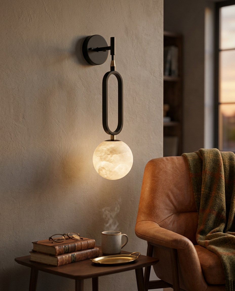 Alabaster Ball Wall Sconce — Natural Alabaster Stone — lifestyle photo