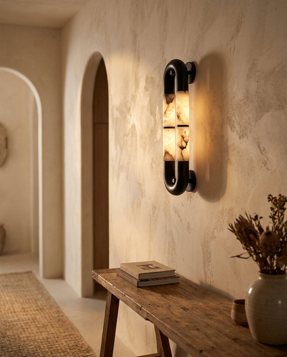Alabaster Banded KoKo Sconce — Natural Alabaster Stone — lifestyle photo