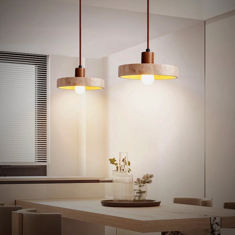 Ember Oak & Co. Tora Travertine & Wood Pendant Light